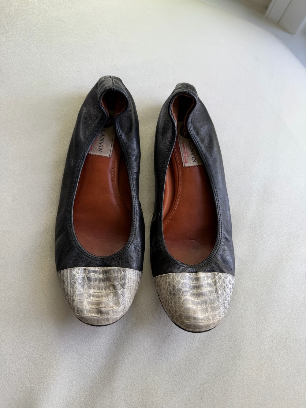 Lanvin Black Leather Ballet Flats with Silver Snakeskin Toe